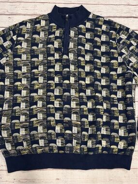Prestige Sweater Navy Blue Abstract Geometric 1/4 Zip Men’s Pullover Size 4XL